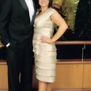 Champagne ruffle cocktail dress; Size 6